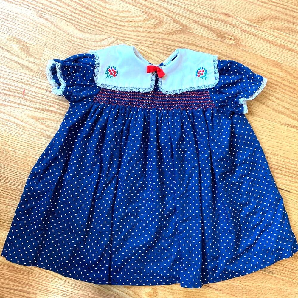 Vtg Tulips Embroidered cherubs Polka Toddler Dress 12 Mos